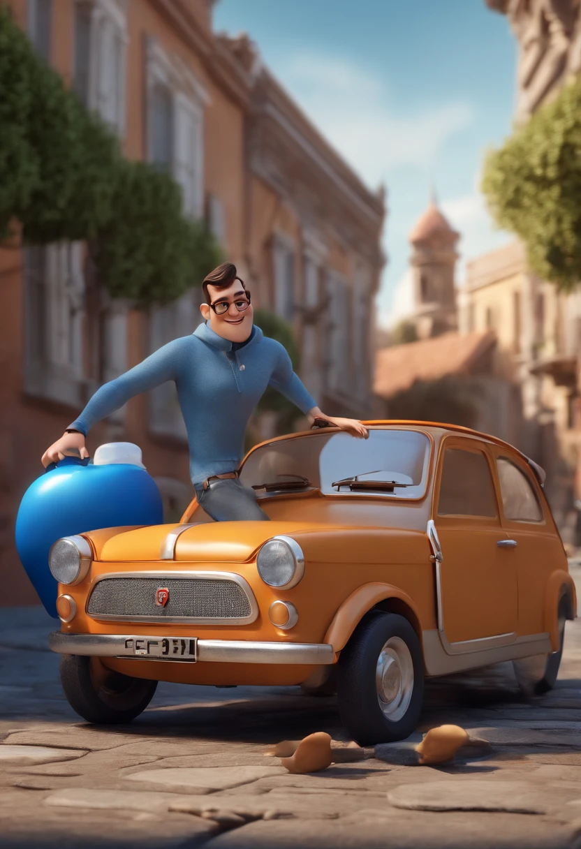 cartoon character of a man with blue pants and black shirt in front of a black Fiat Oggi css car animation character, Caractere estilizado, animation style rendering, 3D estilizado, Arnold Maya render, 3 d render stylized, toon render keyshot, Personagem 3D, Personagem 3D, 3d rendering stylized, 3 d character render, personagem de desenho animado, Personagem de close up, Pose de personagem, (Estilo Pixar) (master part:1.2) (Bokeh) (best quality) (pele detalhada) (textura detalhada) (8k) (argila) (Cinematic lighting) (foco nítido