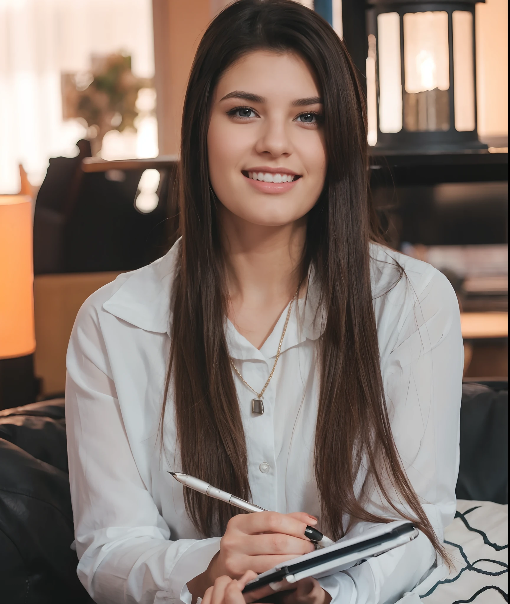 Brunette with pen in hand and notebook