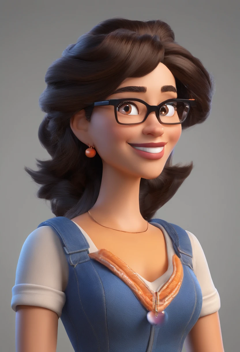 Estilo Pixar: uma mulher adulta, morena, bronzeada, de cabelos pretos curtos enrolados, bespectacled, 3D,Disney