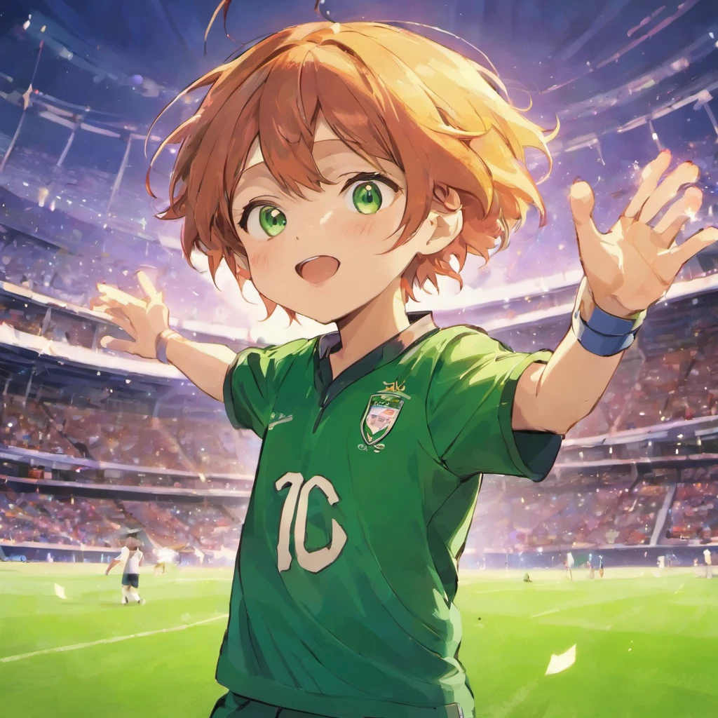 (fundo com um estadio de futebol), (a very happy being a football player) (um homem muito feliz sendo treinador de futebol) (The fans in the stadium) (The team they play for is green)