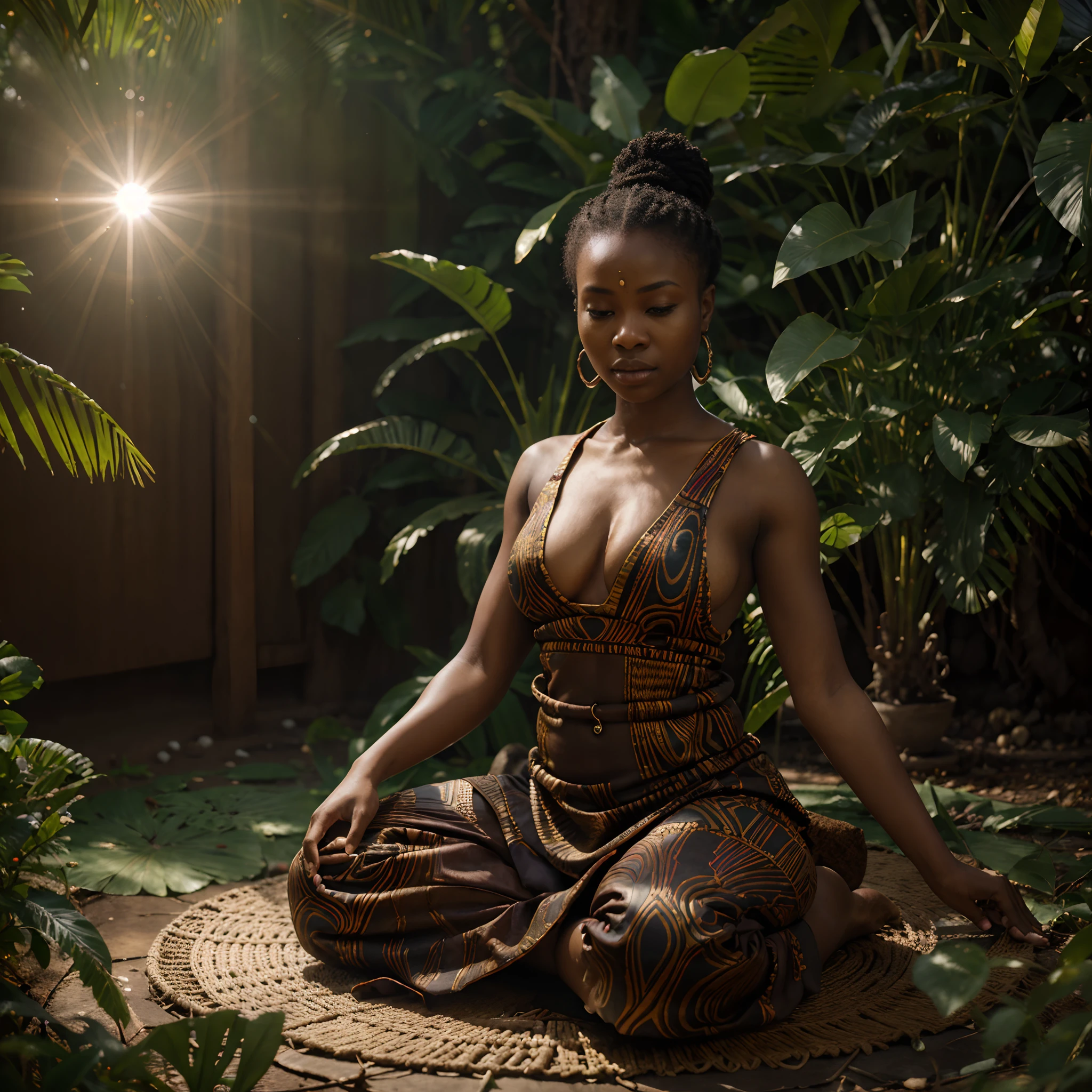 Wide angle shot of an African woman dressed in African designed monk clothes, sitting in a buddha position of meditation, sitting in a forest, leaves floating in circular rotation around them, sunrise in the scene shining, with beautiful iridescent light, artgerm style, 32k, ultra HD, unreal engine rendered, hyper-realistic image, octane 3d rendering,