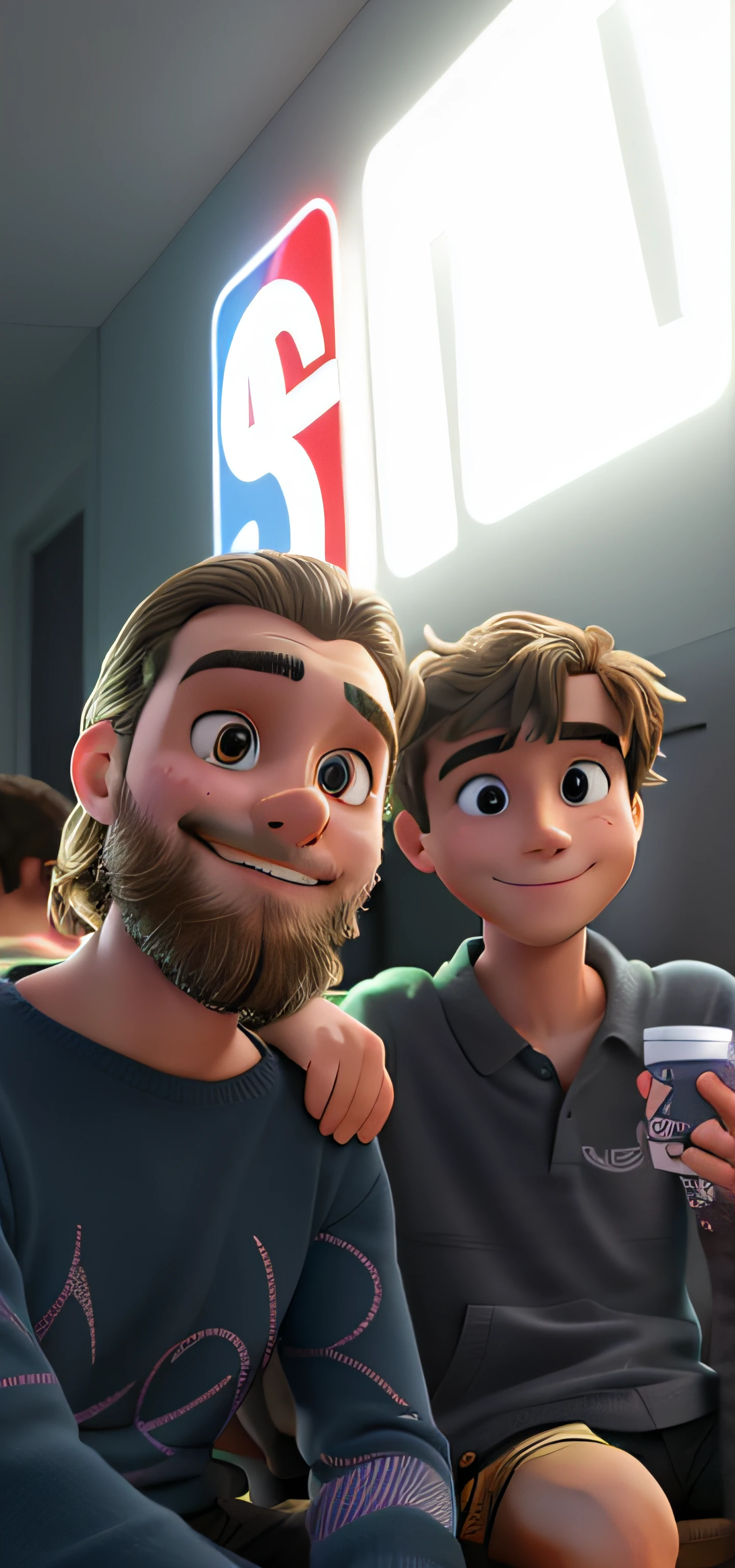 There are two men sitting next to each other in front of a sign, with a kid, Streamer do Twitch / Jogador Ludwig, foto do instagram, foto selfie, taken on a 2010s camera, foto de perfil, vacation photo, foto do snapchat, foto de perfil 1024px, Fotografia selfie 8k, Tiro na Alexa, tirado no iphone 1 3 pro