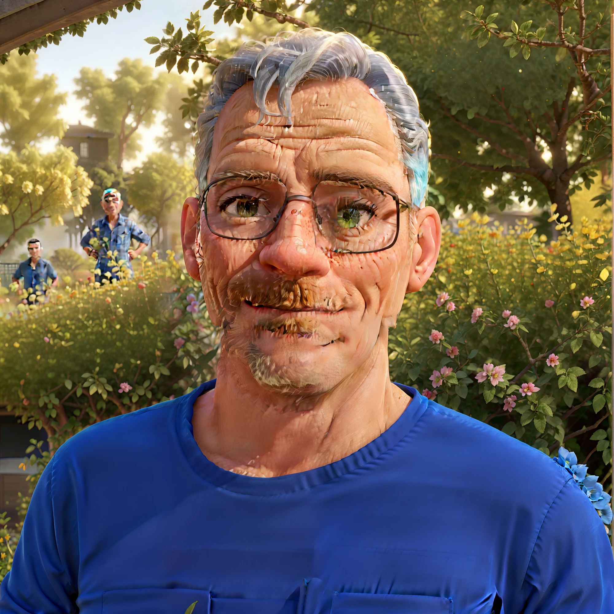 Smiling man in blue shirt standing in front of a flower bush, imagem do avatar, Fotografia selfie 8k, cerca de 3 5 anos, taken in the early 2020s, Davi A, photo from behind, selfie de um homem, Homem de 4 0 anos, album photo, divertindo-se, Homens de 45 anos, imagem de perfil