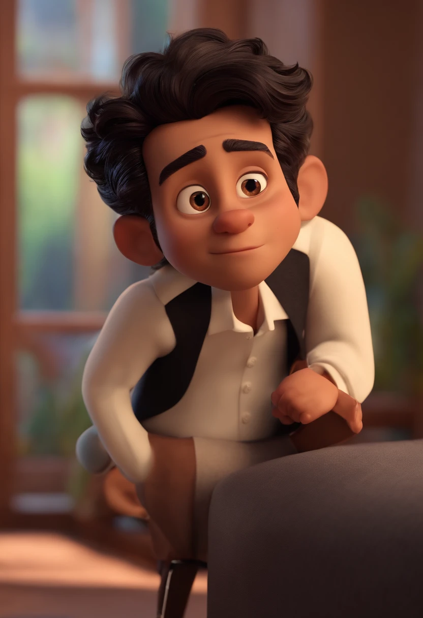 personagem estilo Pixar Disney 3D, masculino, banco, olhos castanhos claros, cabelo preto liso, 1,80 de altura, com terno preto,
