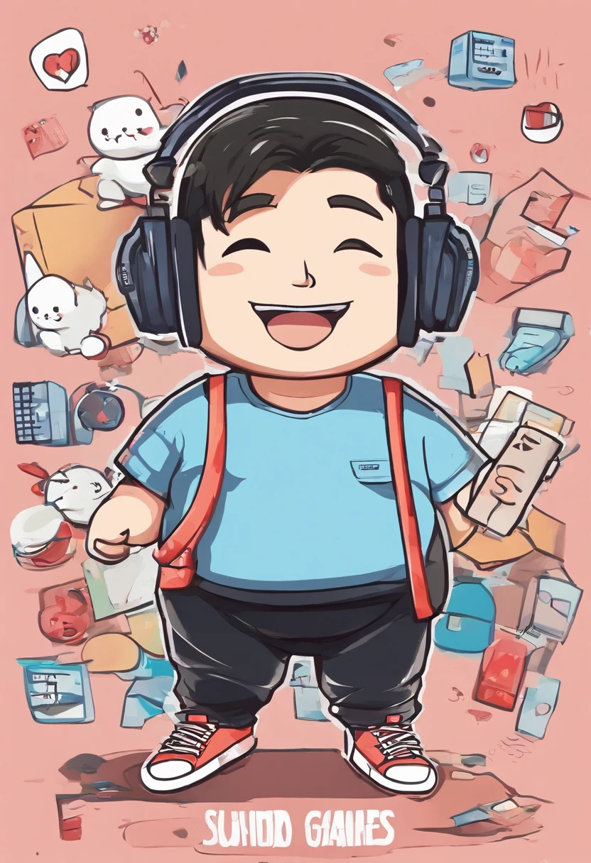 Make a chibi animation of a fat man, com longo, shoulder-length hair that is slightly messy, usa uma camiseta preta, Blue jeans and black sneakers with white soles. He's wearing a wireless headset, sentado numa cadeira gamer e comendo sushi.