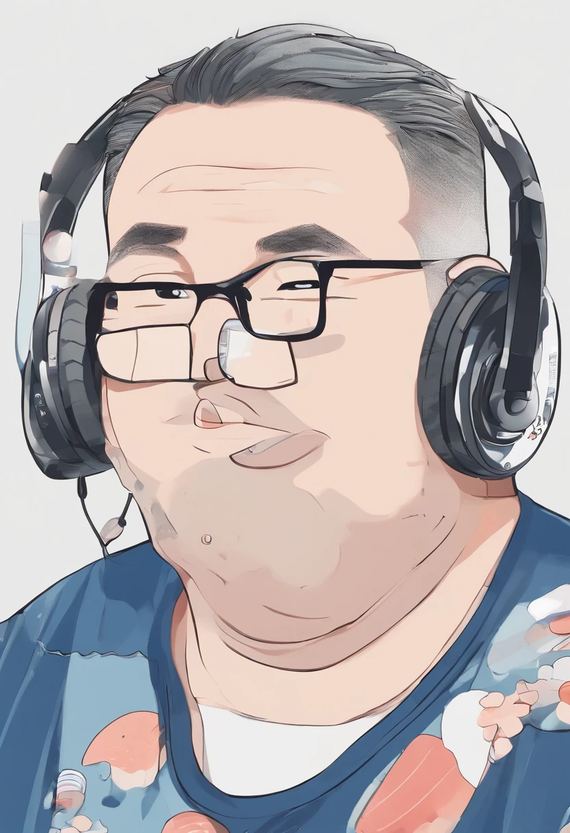 Make a chibi animation of a fat man, com longo, shoulder-length hair that is slightly messy, usa uma camiseta preta, Blue jeans and black sneakers with white soles. He's wearing a wireless headset, sentado numa cadeira gamer e comendo sushi.