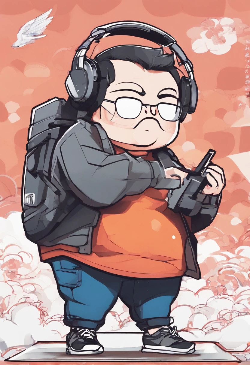 Make a chibi animation of a fat man, com longo, shoulder-length hair that is slightly messy, usa uma camiseta preta, Blue jeans and black sneakers with white soles. He's wearing a wireless headset, sentado numa cadeira gamer e comendo sushi.