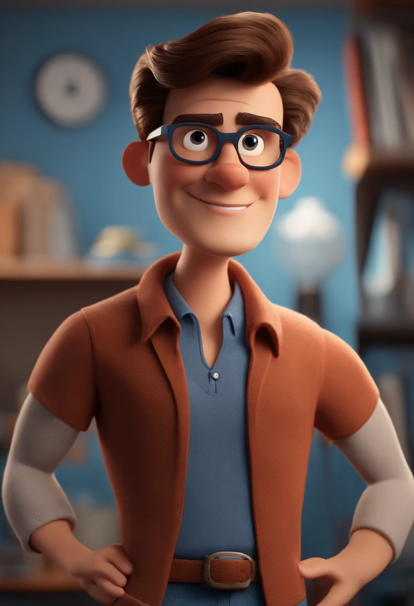 Cartoon character of a man with black glasses and a blue shirt, animation character, Caractere estilizado, animation style rendering, 3D estilizado, Arnold Maya render, 3 d render stylized, toon render keyshot, Personagem 3D, Personagem 3D, 3d rendering stylized, 3 d character render, personagem de desenho animado, Personagem de close up, Pose de personagem, (Estilo Pixar) (master part:1.2) (Bokeh) (best quality) (pele detalhada) (textura detalhada) (8k) (argila) (Cinematic lighting) (foco nítido