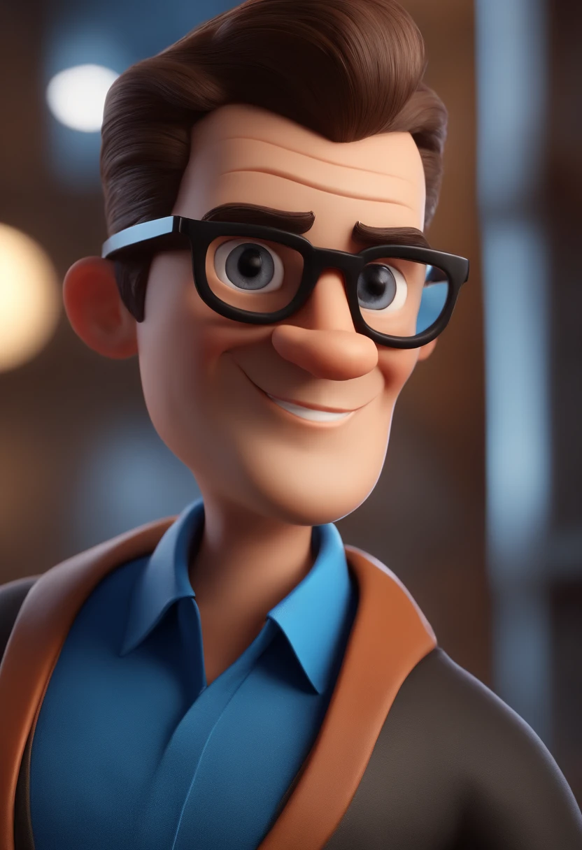 Cartoon character of a man with black glasses and a blue shirt, animation character, Caractere estilizado, animation style rendering, 3D estilizado, Arnold Maya render, 3 d render stylized, toon render keyshot, Personagem 3D, Personagem 3D, 3d rendering stylized, 3 d character render, personagem de desenho animado, Personagem de close up, Pose de personagem,  (Estilo Pixar) (master part:1.2) (Bokeh) (best quality) (pele detalhada) (textura detalhada) (8k) (argila) (Cinematic lighting) (foco nítido