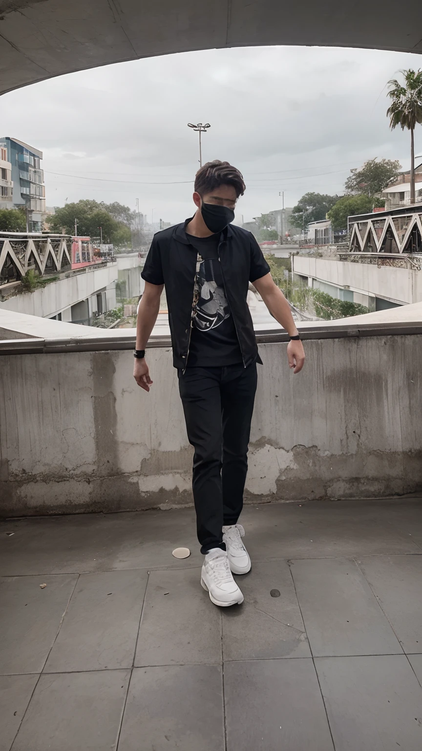 Change background cafe,mask boy, realistic,8k, jacket,