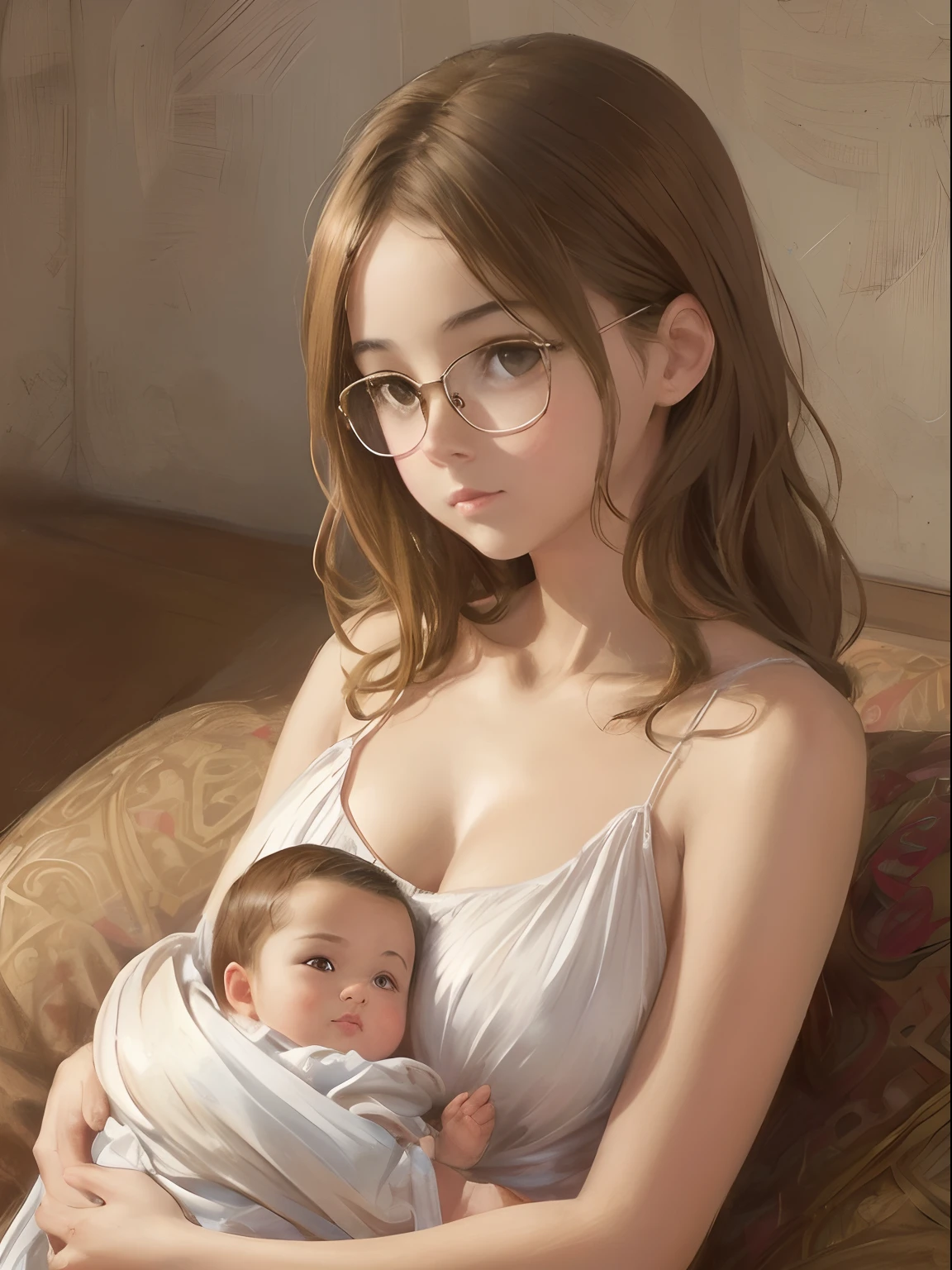 3 Different Girls ((First: a beautiful ****-**** girl, extremely small breasts, short wavy brown hair, brown eye, eyeglasses)(Second: Beautiful teenage girl with childish chubby body, With Flat Baby Chest, with short brown hair)(third: a beautiful ****-aged girl, Rounded hips, longue blonde hair, Average Breasts)), Group portrait, oil painted, contemporary, Only one is completely naked, Realistic Proportion, Intricate, intricate detials, sharp-focus