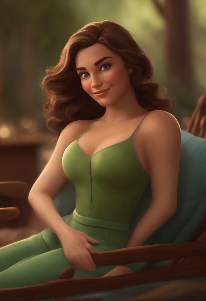 Criar um personagem no estilo pixar dentro de um jaleco. Character: medium brown hair, olhos castanhos sorriso largo. Gosta de roupas verdes. You are in a cozy environment massaging the back of your client lying on the stretcher
