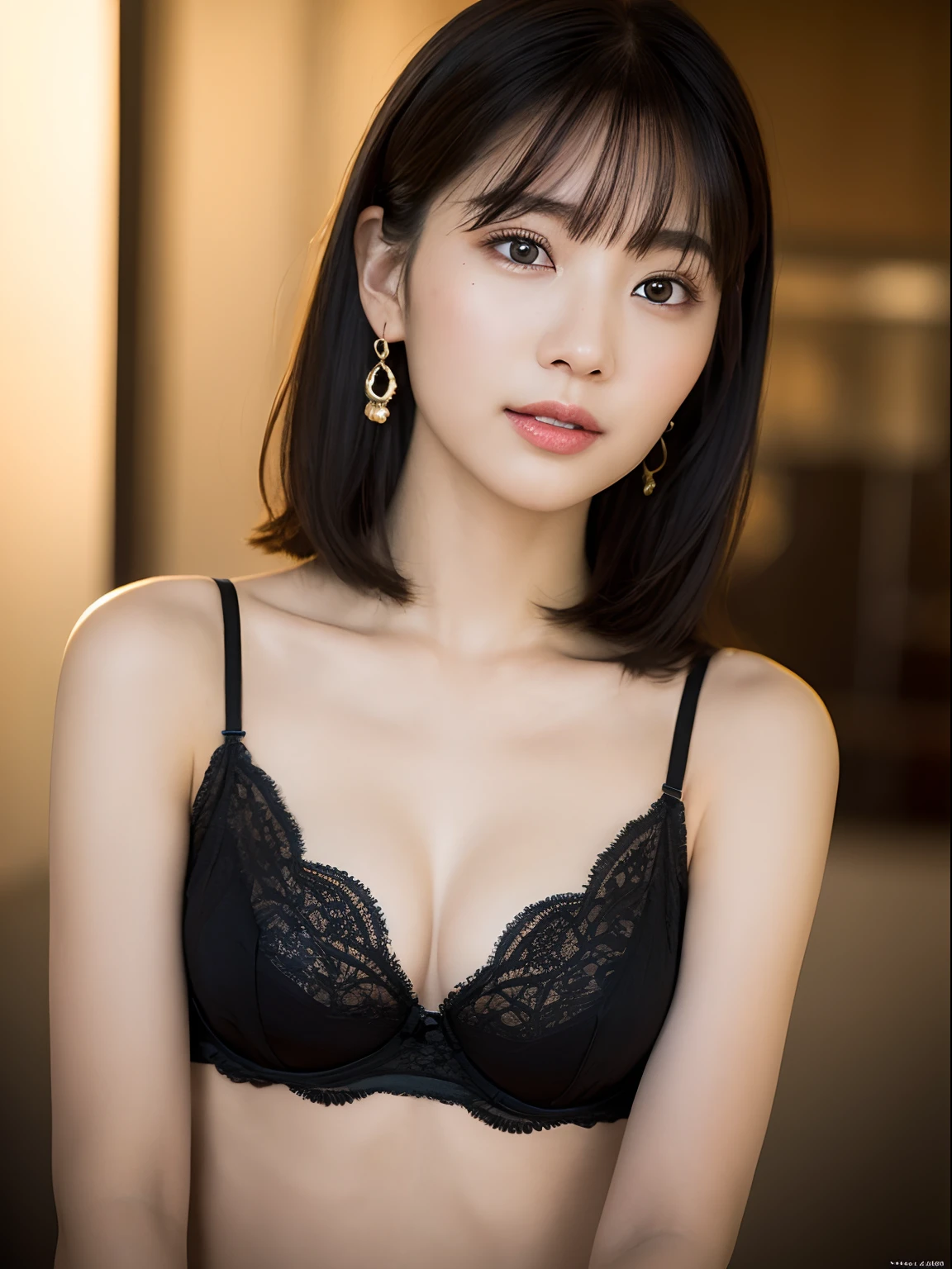 (8k, RAW Photo, Best Quality, Masterpiece:1.2), Ultra Detail, Super Resolution, (Realistic, Realistic Photo:1.37), Portrait, High Detail RAW Color Photo, Professional Photo, Extremely Detailed and Beautiful, Extremely detailed, 8k wallpaper, amazing and detailed, huge file size, official art, highly detailed CG unity 8k wallpaper, highly detailed beautiful girl, highly detailed face, highly detailed eyes, highly detailed skin, highly detailed fingers, highly detailed nose, very detailed detailed mouth , perfect anatomy, highly detailed background, highly detailed clothes, 1girl, (20:1.2), 20s, cute girl, realistic body, petite, fair skin, glowing skin , slim body, handsome body, black hair , short hair, (blunt bangs:1.2), smile, cute, youthful, cute face, realistic face, delicate eyes, drooping eyes, lingerie, see-through, earrings, looking at viewer, cowboy shot, facing front, standing posture, Contraposto, dynamic lighting, very large breasts, cowboy shot