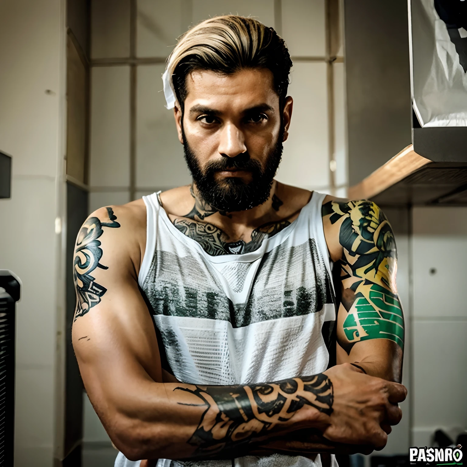 Homem branco, cabelo liso curto preto, barba curta, olhos verdes escuro, 30 anos, gosta de basquete e Airsoft. tattoo on the forearm