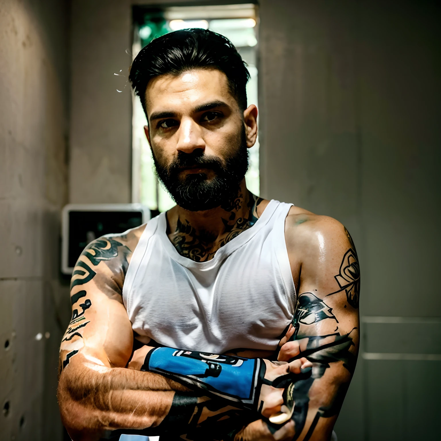 Homem branco, cabelo liso curto preto, barba curta, olhos verdes escuro, 30 anos, gosta de basquete e Airsoft. tattoo on the forearm