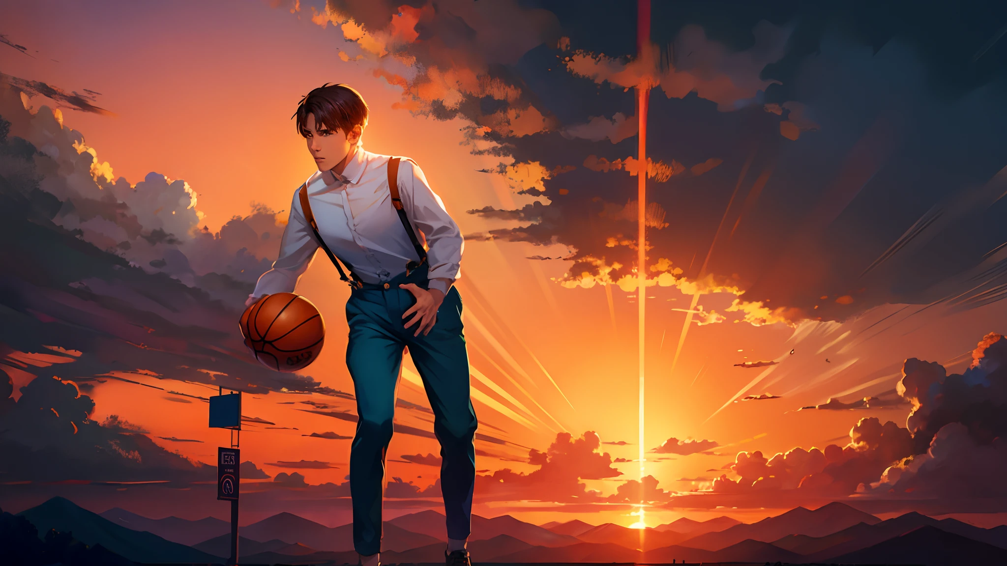 the sunset，eventide，Big Mountain，Medium short hair，Suspenders，The five fingers of human anatomy，Put your feet on the ground，Two hands，Right-handed basketball，Boy student