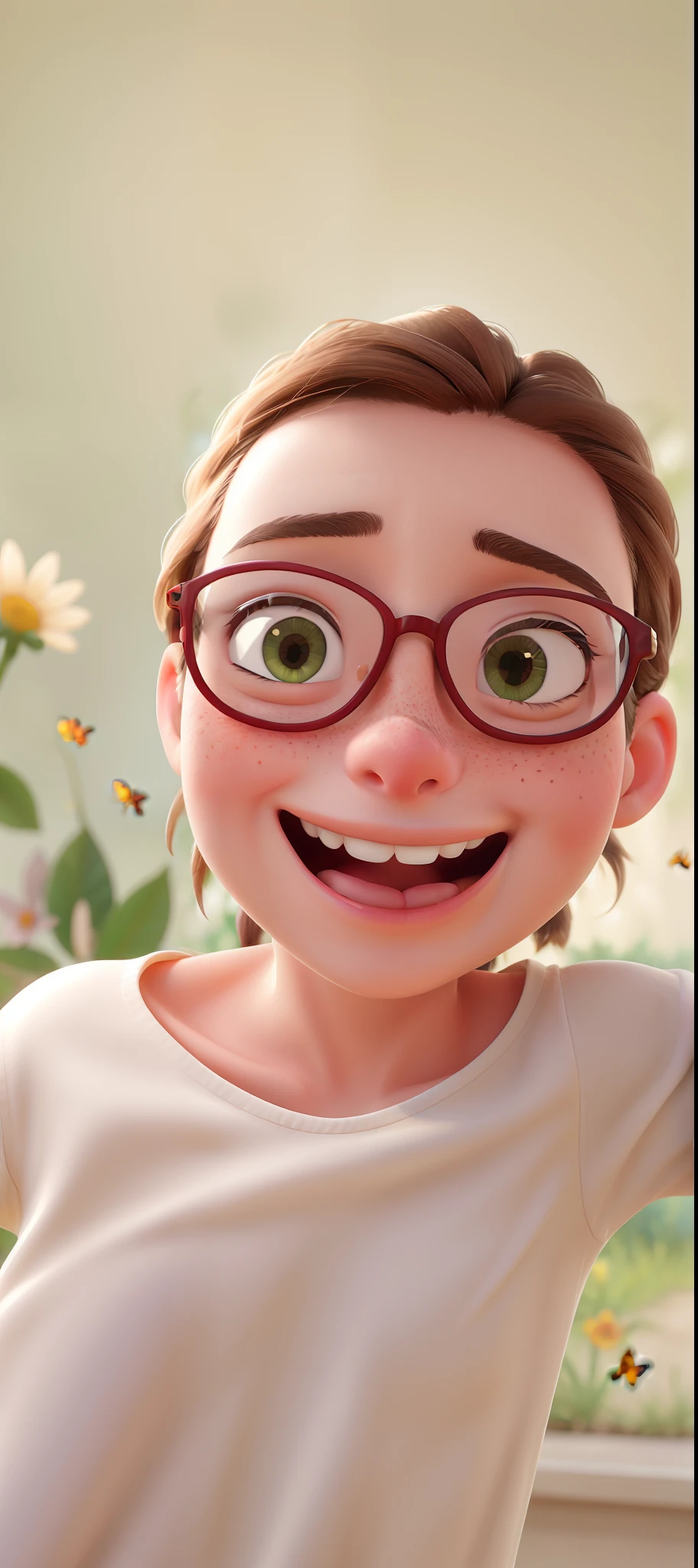 (high quality, master piece:1.2), 8--old ling white girl with freckles, light Brown eyes and round red glasses, wearing a white T-shirt with a heart drawn on the left side, [bright, joyful, vibrant] colors, [soft, natural] lighting, detailed eyes and face, medium: oil painting, [lush, green] garden background, surrounded by colorful flowers and butterflies, [sunlight filtering through the trees, creating a warm and inviting atmosphere], [soft, loose brushstrokes, capturing the essence of childhood innocence and joy], [sunny, cheerful, and playful] atmosphere, [sharp focus, highlighting the girl's smiling face and sparkle in her eyes], [subtle and warm color palette, evoking a sense of happiness and tranquility], [carefully painted details, capturing the texture of the girl's freckles and the reflection in her glasses], [fluid and graceful brushwork, bringing the scene to life], [delicate and intricate details on the flowers, showcasing the beauty of nature], [impressionistic style, blending colors and capturing the movement of the butterflies], [magical and whimsical atmosphere, transporting viewers into a dreamlike world], [timeless and nostalgic, reminiscent of childhood memories], [emotive and heartwarming, evoking feelings of love and joy].