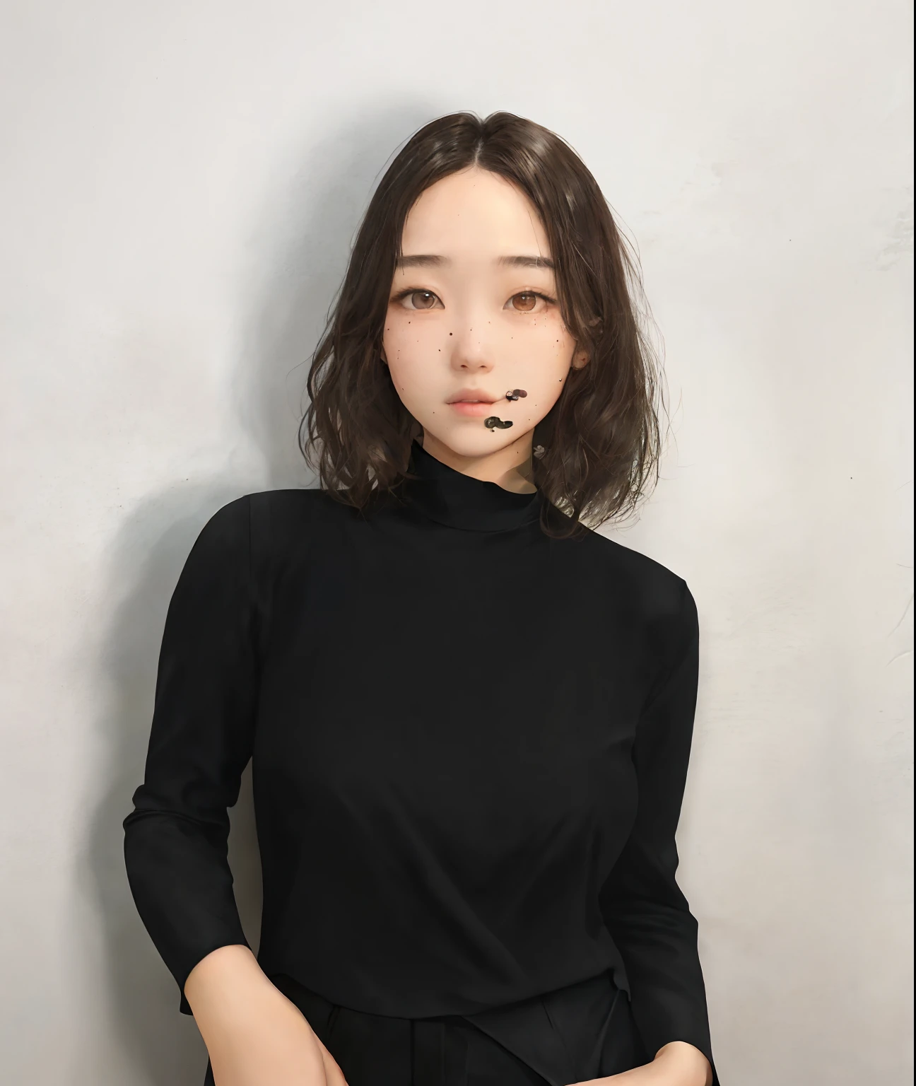 Wavy, shoulder-length hair, white, dark brown eyes, lots of moles on the face, chubby cheeks, black long-sleeved blouse, black pants and combat boots