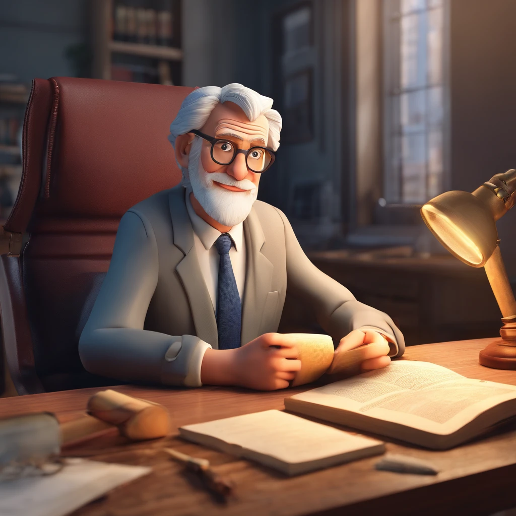 Crie um cartaz inspirado na Disney Pixar com o personagem sendo o pastor Rubens Janier, A gray-haired man wearing glasses, in an office with a Bible on the table