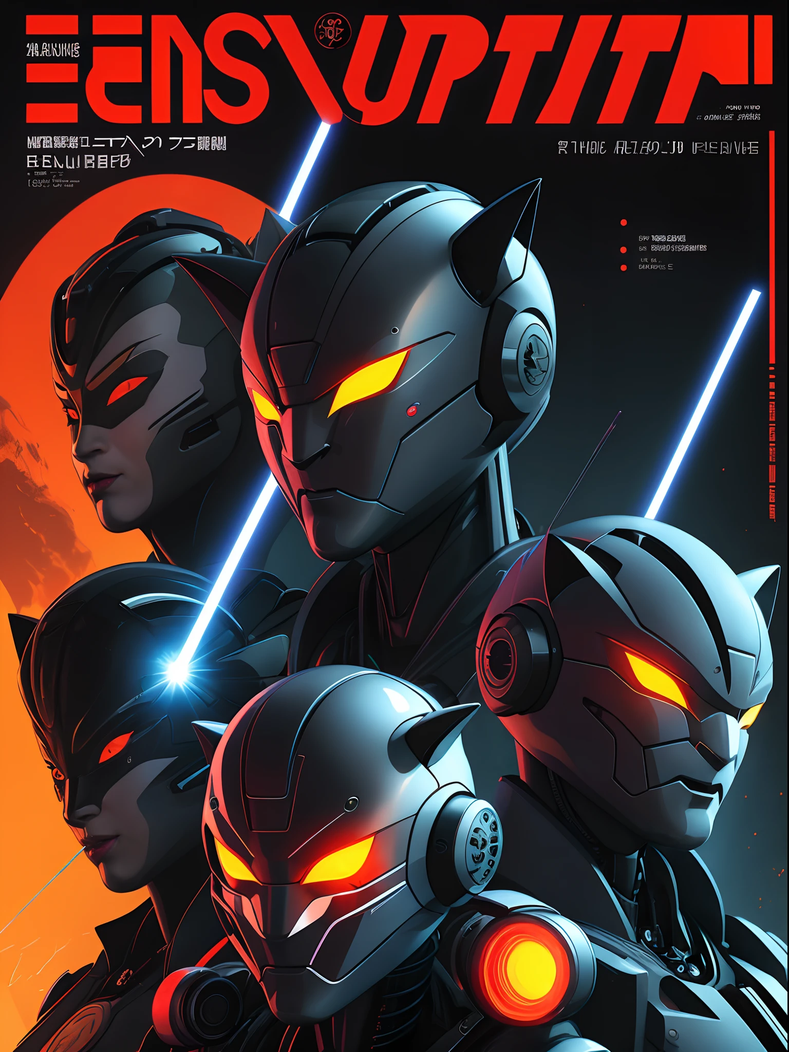 Depict face emerging from the shadows, magazine cover, poster art, robot Police, cat ears, Laser beam, hint of vibrant