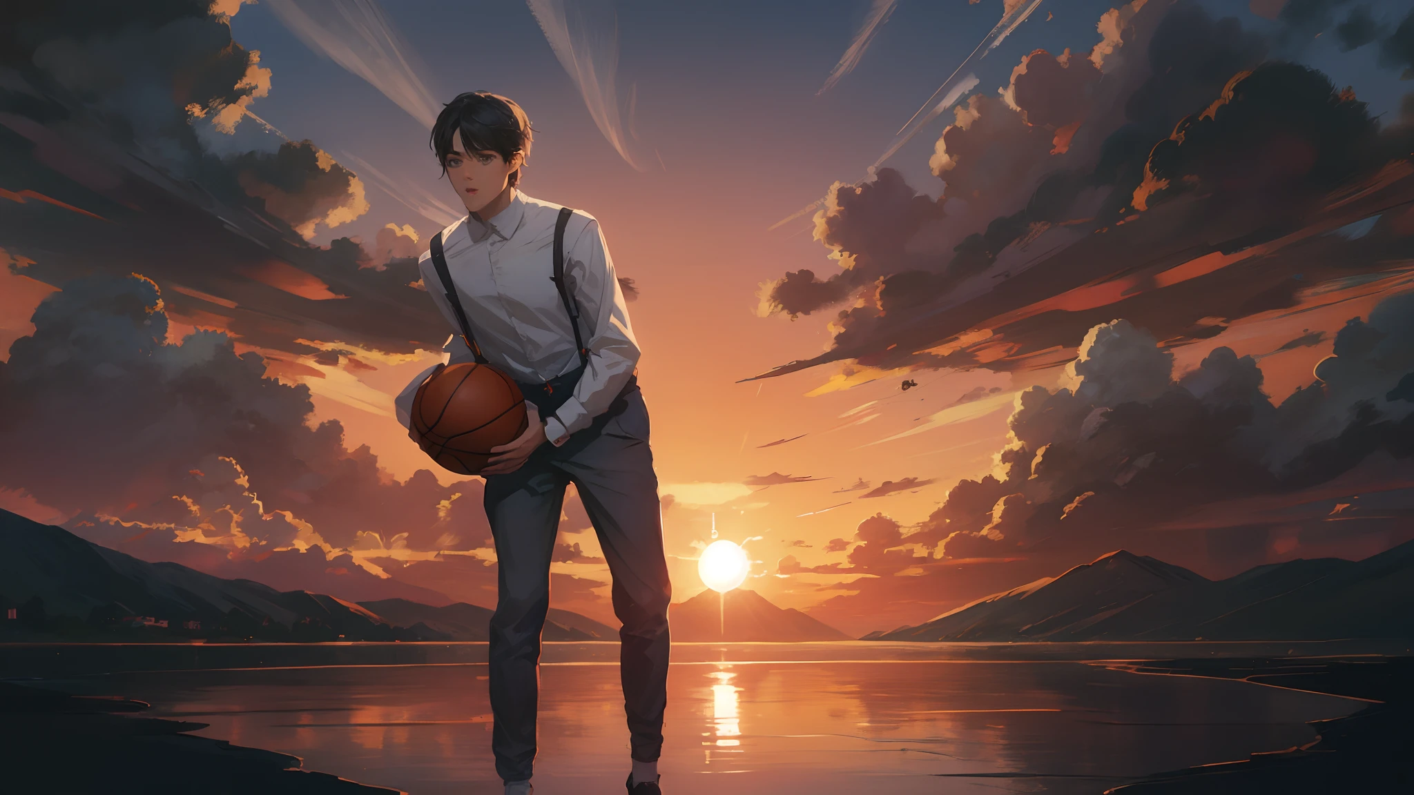 the sunset,eventide,Big Mountain,Medium short hair,Suspenders,The five fingers of human anatomy,Put your feet on the ground,Two hands,Right-handed basketball,Boy student