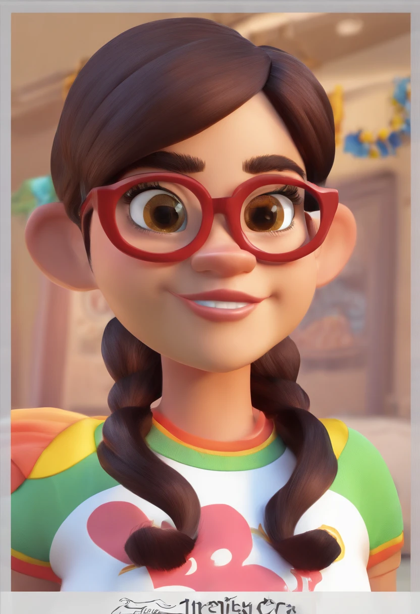 Estilo Disney Pixar: uma mulher adulta, morena bronzeada, de cabelos pretos curtos encaracolados, bespectacled, 3D,Disney