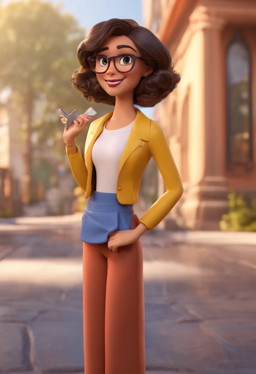 Estilo Disney Pixar: uma mulher adulta, morena bronzeada, de cabelos pretos curtos encaracolados, bespectacled, 3D,Disney
