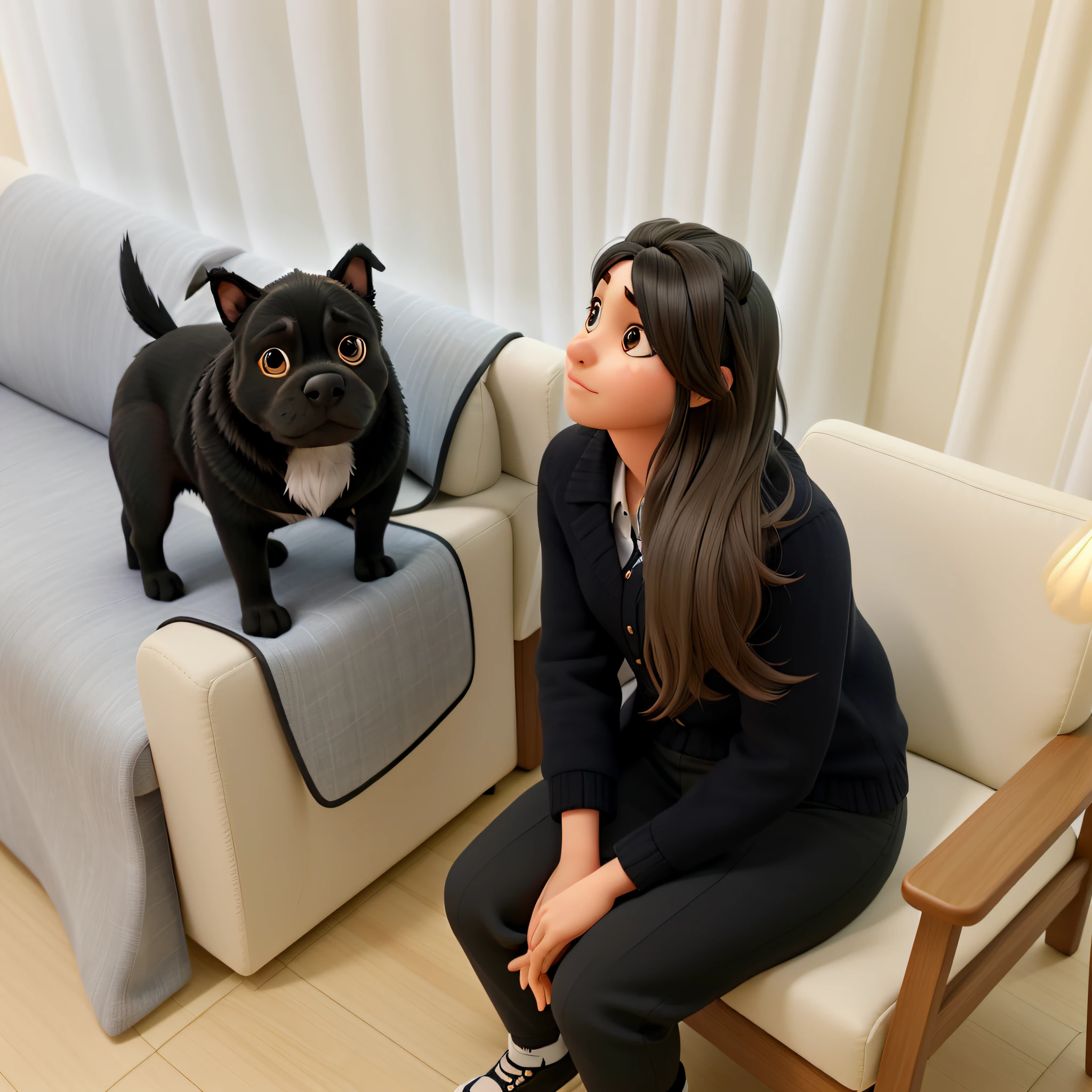 a girl, 25 years old, black hair, sitting in a chair and playing with a black bulldog dog on the armchair.