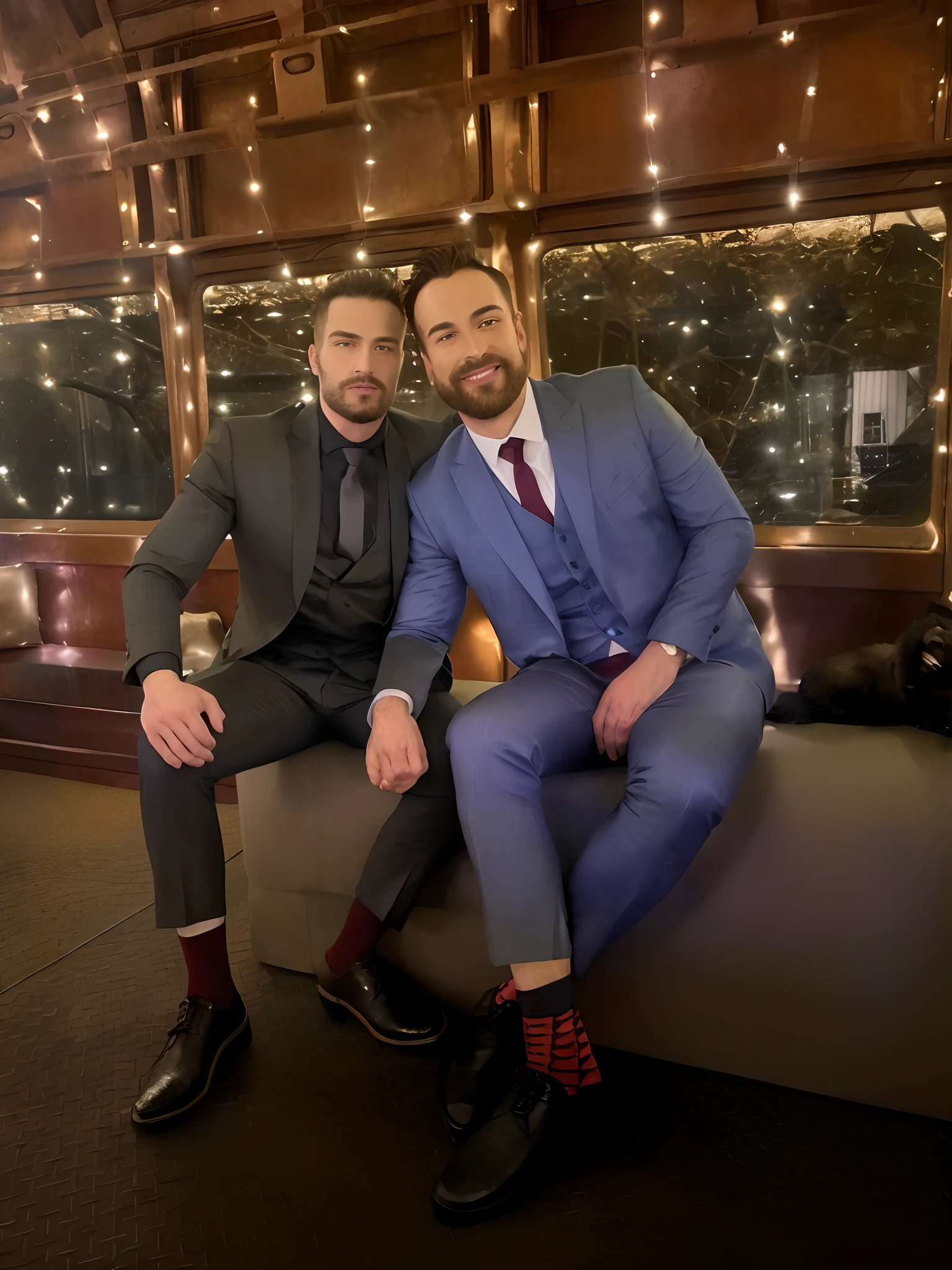 There are two men sitting on a sofa together in a room on an old train on their way to Russia wearing suits!, Two handsome men with a robotic dog.