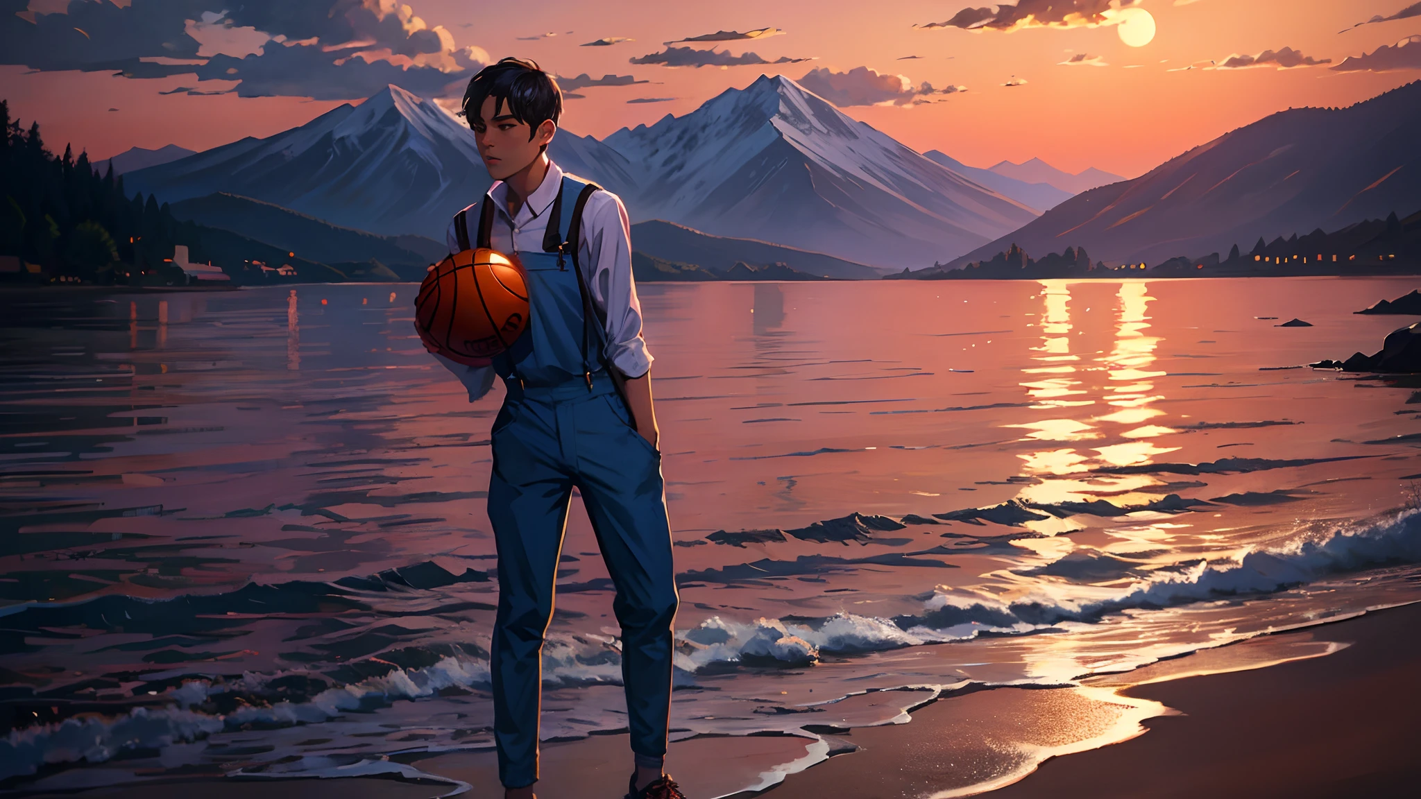 the sunset，eventide，Big Mountain，Medium short hair，Suspenders，The five fingers of human anatomy，Put your feet on the ground，Two hands，Right-handed basketball，