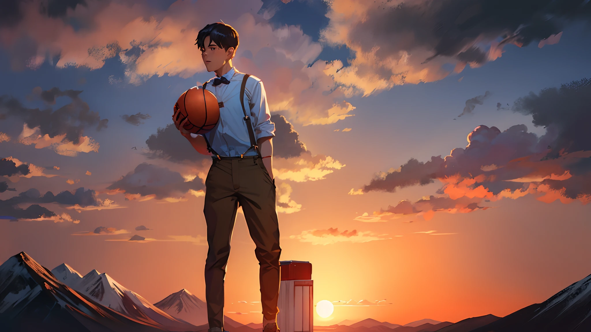 the sunset,eventide,Big Mountain,Medium short hair,Suspenders,The five fingers of human anatomy,Put your feet on the ground,Two hands,Right-handed basketball,