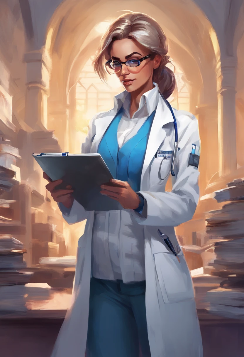 1 mulher, , medic, cabelos loiros muito claros, cabelo de rabo de cavalo para baixo, square glasses, Olhar manhoso, franzir , White lab coat, camisa azul, blue gloves reading clipboard