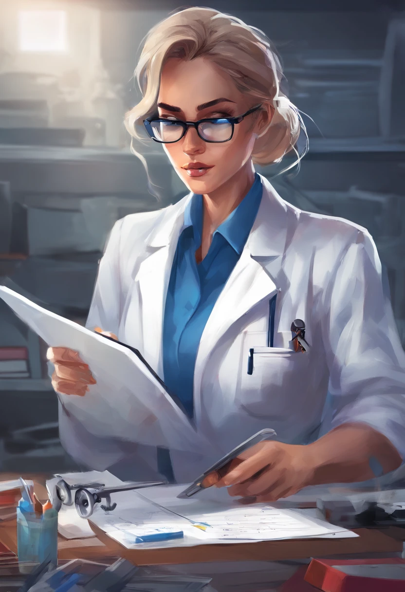 1 mulher, , medic, cabelos loiros muito claros, cabelo de rabo de cavalo para baixo, square glasses, Olhar manhoso, franzir , White lab coat, camisa azul, blue gloves reading clipboard