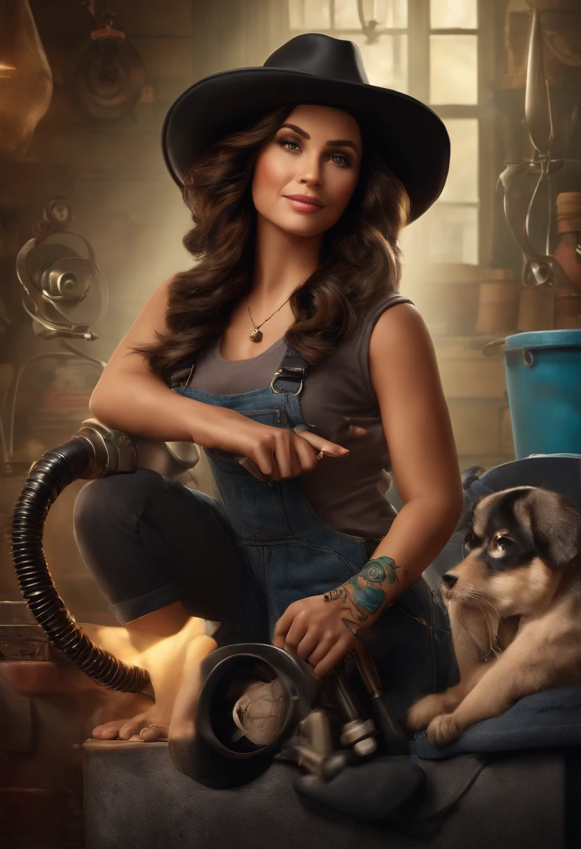create 3d poster inspired by Disney/Pixar with a 38-year-old smartphone maintenance technician wearing a black hat with Michell Cell written on it, brown eyes, hoop earrings in both ears, tattoo on the right arm holding a screwdriver