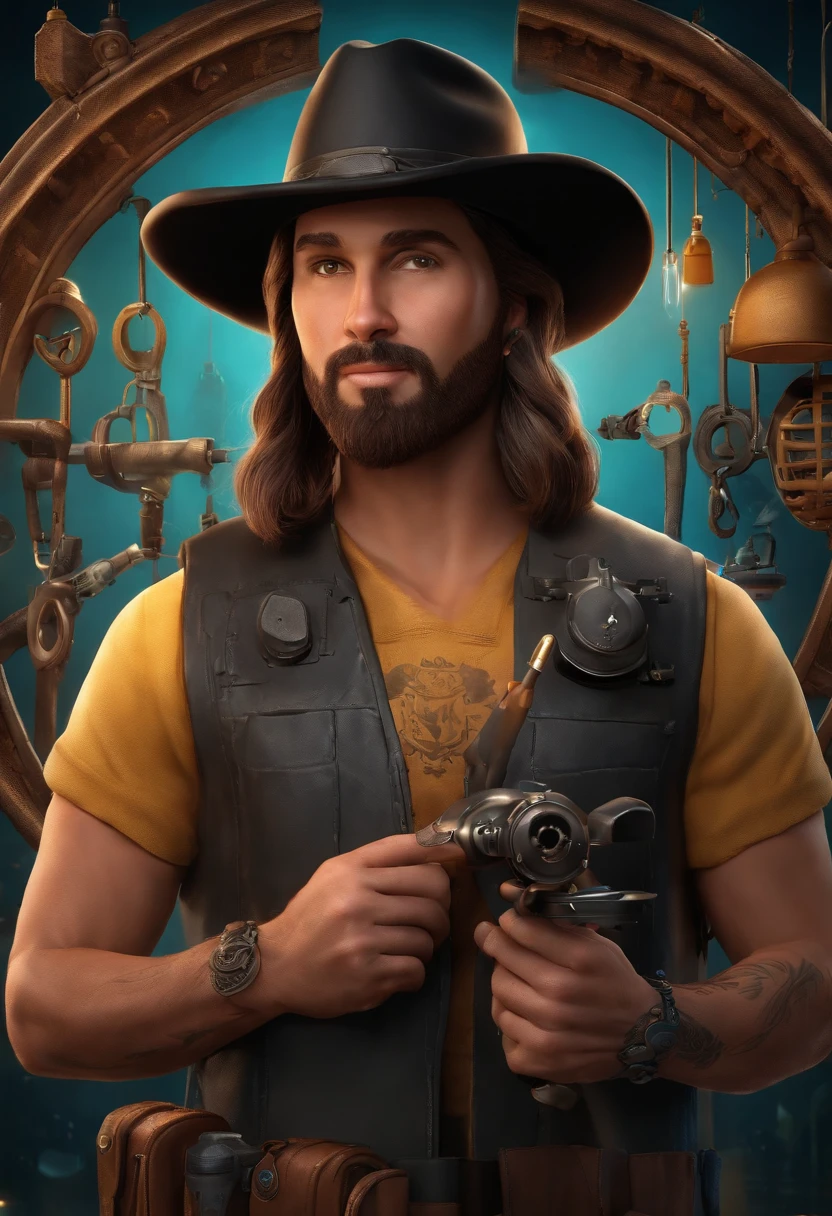 create 3d poster inspired by Disney/Pixar with a 38-year-old smartphone maintenance technician wearing a black hat with Michell Cell written on it, brown eyes, hoop earrings in both ears, tattoo on the right arm holding a screwdriver