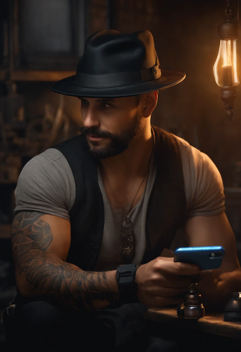 create 3d poster inspired by Disney/Pixar with a 38-year-old smartphone maintenance technician wearing a black hat with Michell Cell written on it, brown eyes, hoop earrings in both ears, tattoo on the right arm holding a screwdriver