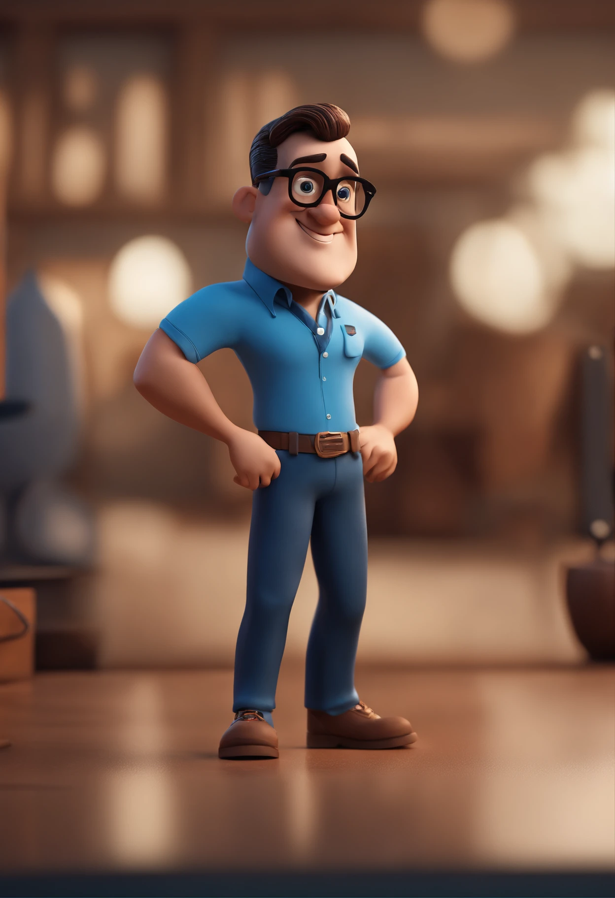 Cartoon character of a man with black glasses and a blue shirt, animation character, Caractere estilizado, animation style rendering, 3D estilizado, Arnold Maya render, 3 d render stylized, toon render keyshot, Personagem 3D, Personagem 3D, 3d rendering stylized, 3 d character render, personagem de desenho animado, Personagem de close up, Pose de personagem,  (Estilo Pixar) (master part:1.2) (Bokeh) (best quality) (pele detalhada) (textura detalhada) (8k) (argila) (Cinematic lighting) (foco nítido