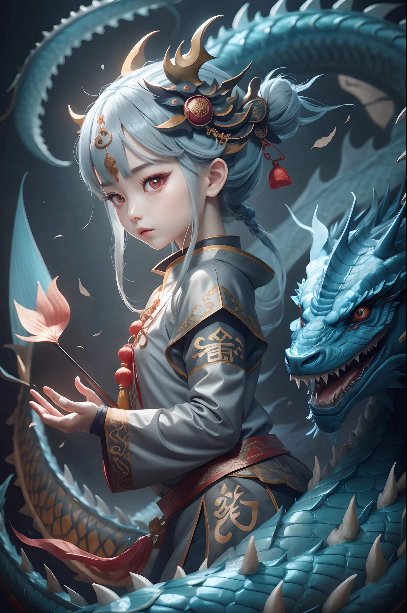 tmasterpiece，Need，Chinese fairy，1girl\(loli\)，A Chinese dragon，baozi，dark grey background，