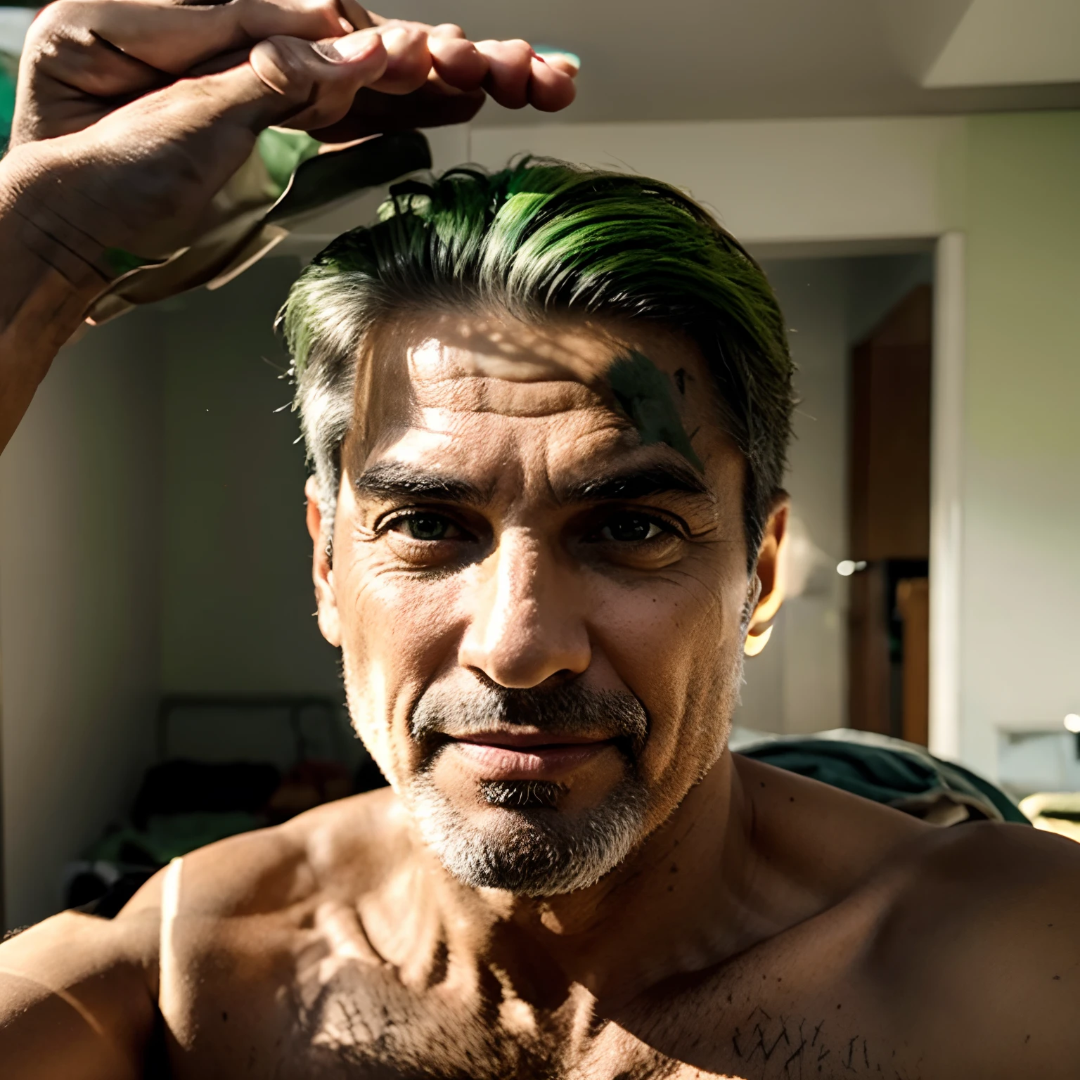 Homem de 52 anos com olhos verdes cabelos castanhos levemente grisalhos dos lados feliz