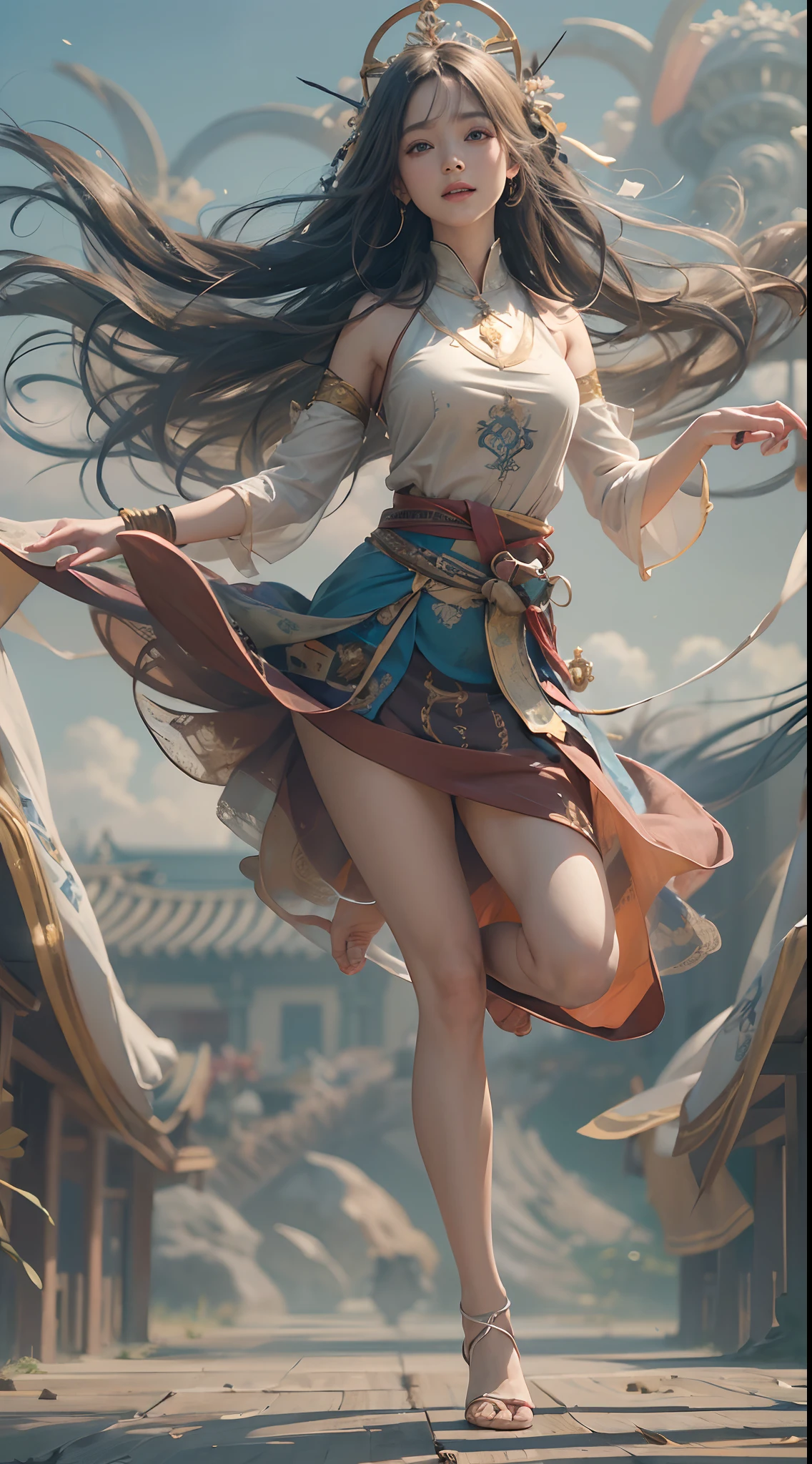 NSFW, (RAW photo, Best quality), (Realistic, photograph realistic: 1.3), Best quality, Highly detailed, Dancing, Flying, in a panoramic view, Vistas, Smile, Shy, Floating, levitating, Dynamic pose, Masterpiece, Super detailed, illustration, 1 girl, The upper part of the body_Body, Dynamic Angle, world masterpiece theater, Messy_Long_Hair, Best quality, Extremely detailed Cg Unity 8K wallpaper, ink, Amazing, Cinematic lighting, lens_ flare,dunhuang_Style,