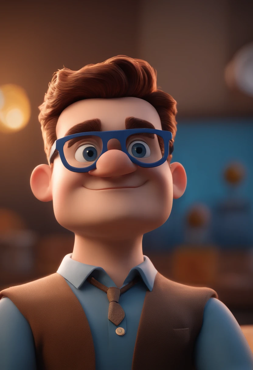Cartoon character of a man with black glasses and a blue shirt, animation character, Caractere estilizado, animation style rendering, 3D estilizado, Arnold Maya render, 3 d render stylized, toon render keyshot, Personagem 3D, Personagem 3D, 3d rendering stylized, 3 d character render, personagem de desenho animado, Personagem de close up, Pose de personagem, (Estilo Pixar) (master part:1.2) (Bokeh) (best quality) (pele detalhada) (textura detalhada) (8k) (argila) (Cinematic lighting) (foco nítido