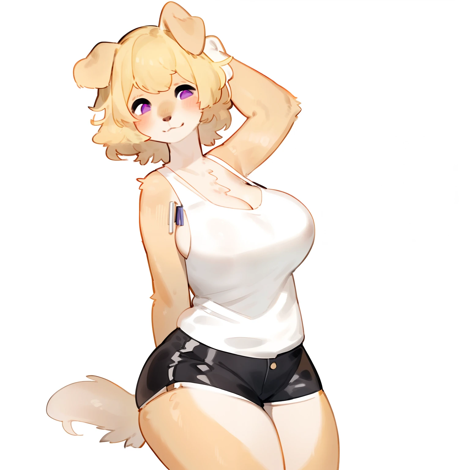 By bebebebebe, by spuydjeks, by buta99, by spikedmauler. furry female golden retriever, solo, alone, has curly blonde hair, has purple eyes, thicc, curvy, busty, showing cleavage, wearing white tanktop, wearing leather short shorts, doing pin up pose, white tanktop (Wearing white tanktop)