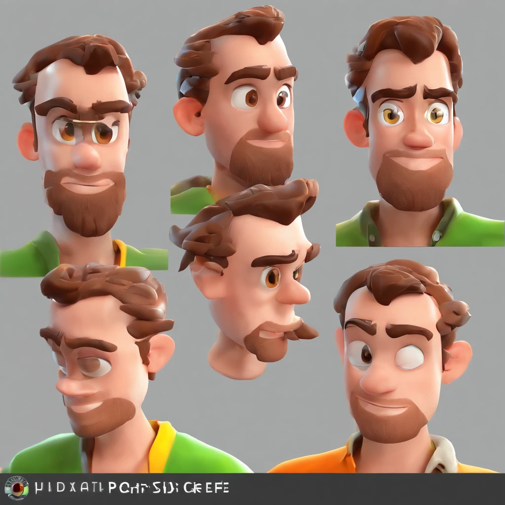 Criar um personagem no estilo Pixar. Trata-se de um homem de 30 anos, com barba, Branco, com cabelos castanhos curtos e um quiff, e olhos castanhos. Ele deve estar na frente de um computador, Trabalhar como designer
