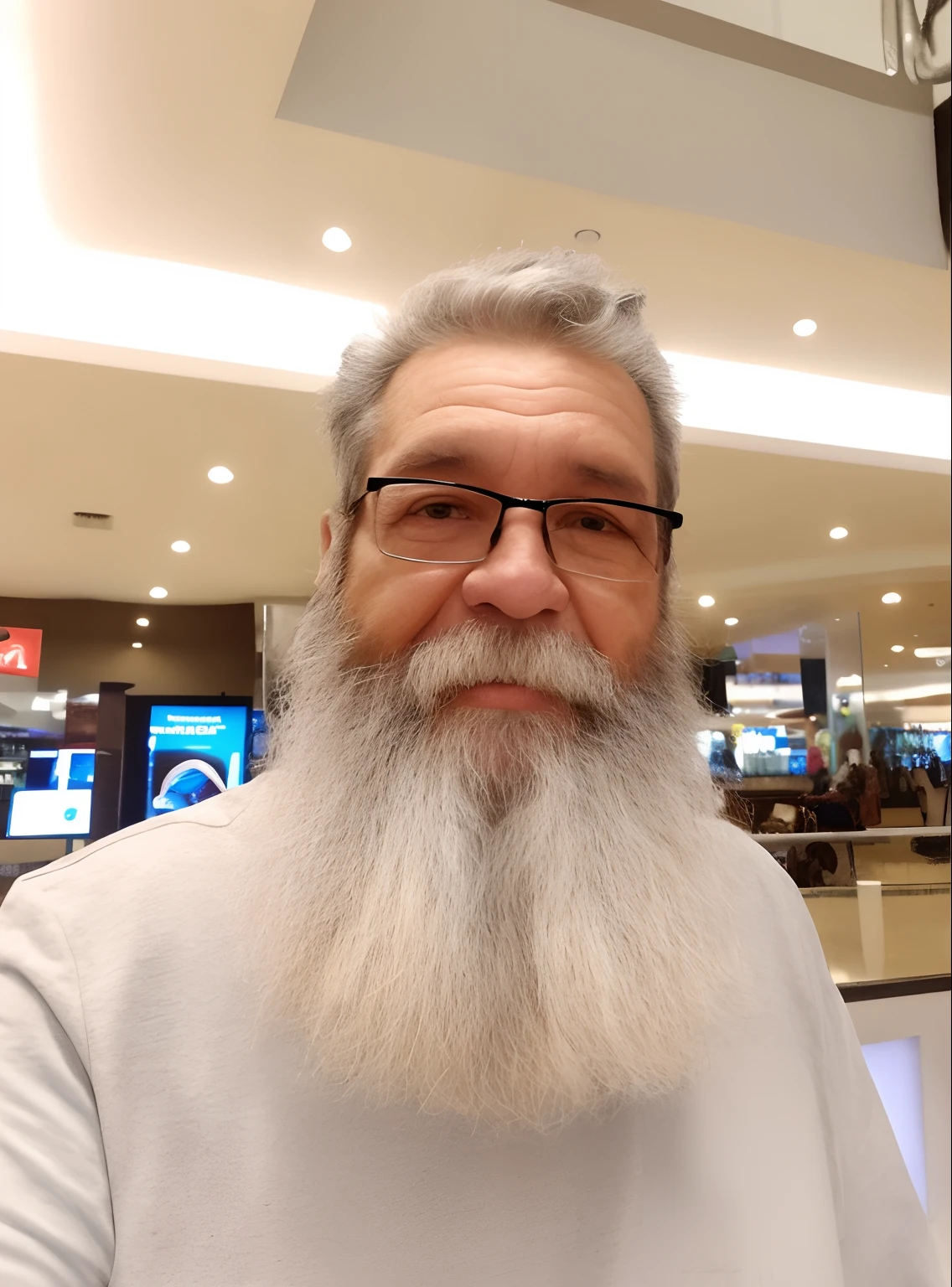 There's a man with a long beard and glasses standing in a shopping mall, barba branca completa, longa barba cinzenta, barba de prata muito longa, barba grisalha, longa barba branca, alguns cabelos grisalhos na barba, barba cheia de prata, barba grisalha, barba branca curta, barba e cabelo brancos muito longos, barba e cabelo brancos arrumados, barba branca, barba branca e espessa