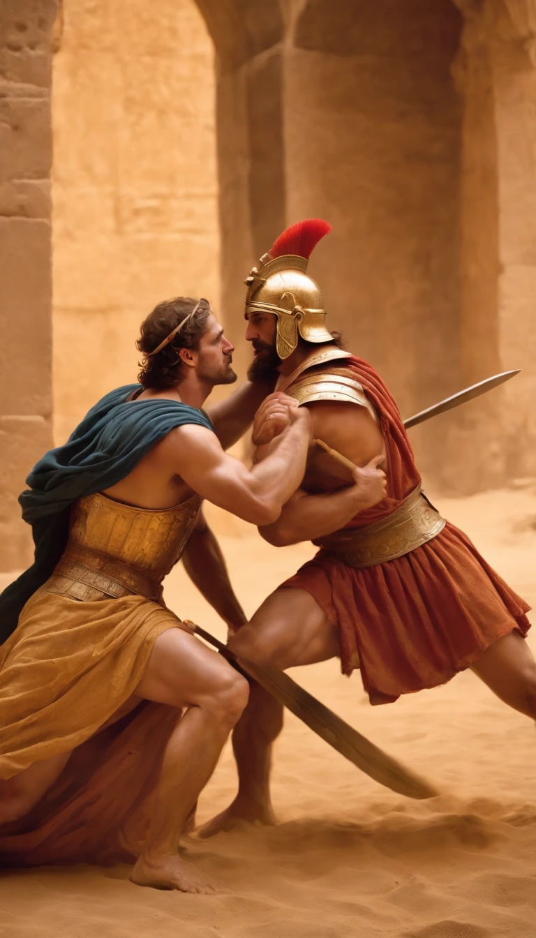 classic style painting of Achilles killing Hector, as is narrated in the Iliad, behind the walls of Troy, only two people in the picture. Hyperrealistic