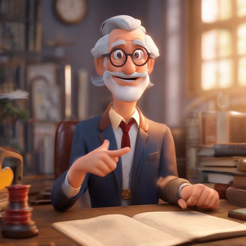 Crie um cartaz inspirado na Disney Pixar com o personagem sendo o pastor Rubens Janier, A gray-haired man wearing glasses, in an office with a Bible on the table