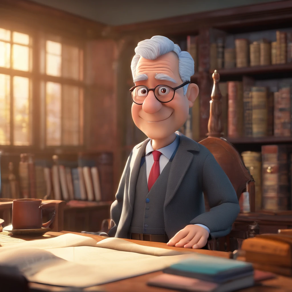 Crie um cartaz inspirado na Disney Pixar com o personagem sendo o pastor Rubens Janier, A gray-haired man wearing glasses, in an office with a Bible on the table