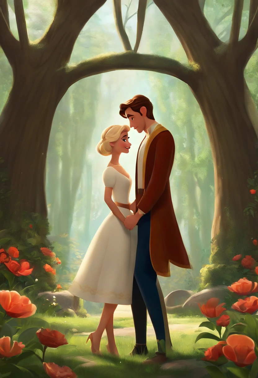 I would like a Disney Pixar style animation in 3d in 4k the scenery and a forest with flowers, The main characters are: A couple in love and embracing.
She is white, in her 20s, short and thin, has straight, shoulder-length blonde hair with big eyes and a small mouth.
He is white, 20 years old, tall and thin, has short freshly cut hair with a streak on the side and a streak on each eyebrow.
I would like the male character's left arm to be tattooed.