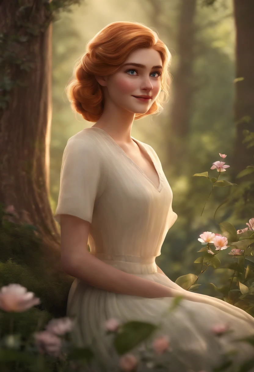 I would like a Disney Pixar style animation in 3d in 4k the scenery and a forest with flowers, The main characters are: A couple in love and embracing.
She is white, in her 20s, short and thin, has straight, shoulder-length blonde hair with big eyes and a small mouth.
He is white, 20 years old, tall and thin, has short freshly cut hair with a streak on the side and a streak on each eyebrow.
I would like the male character's left arm to be tattooed.