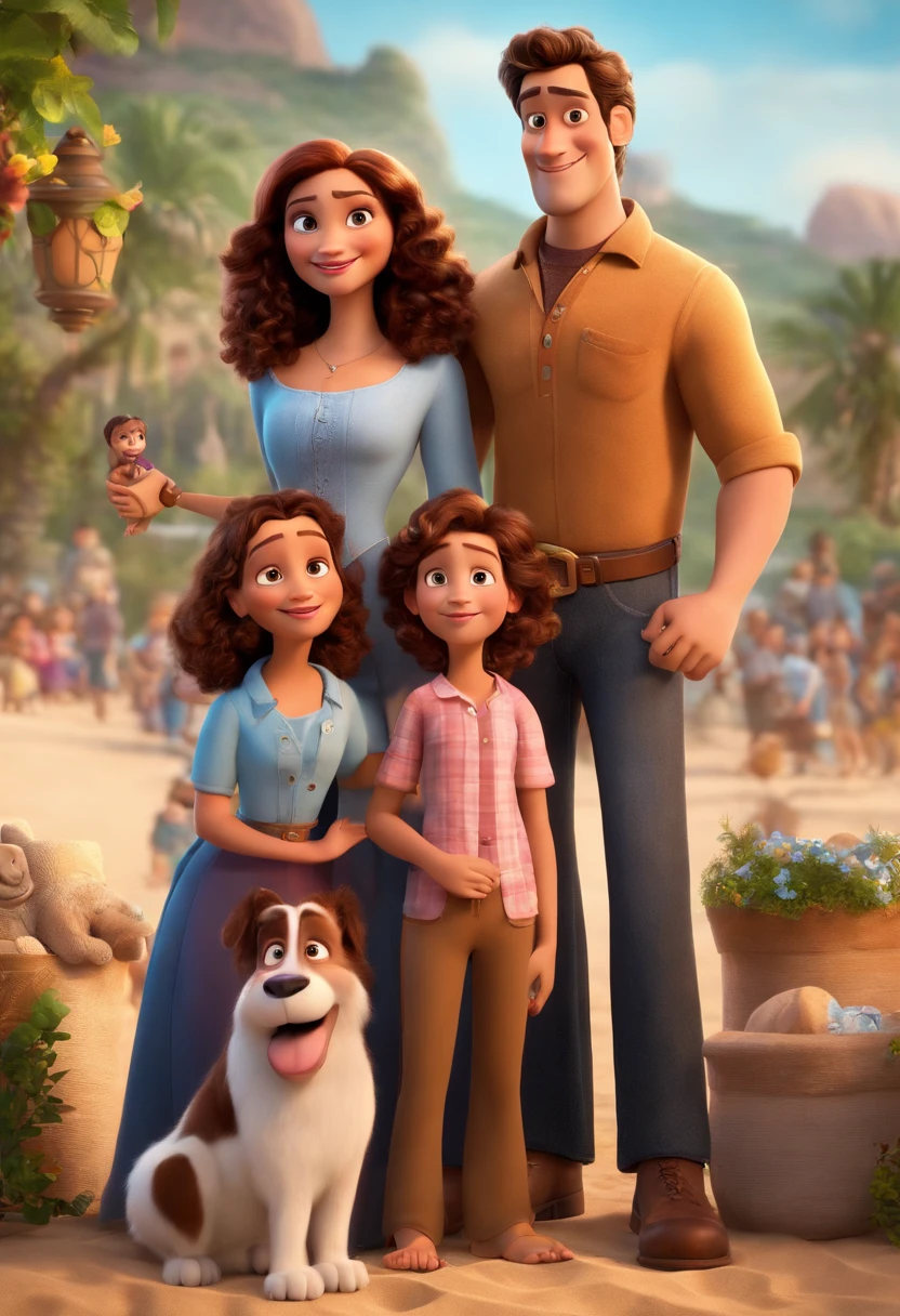 a Disney Pixar movie poster showing a family. The father is the same height as the mother, o pai e moreno, Tem barba curta, preto, cabelos curtos e espinhosos ondulados. Mom has brown eyes,  e cabelo  claros na altura dos peitos. A menina tem 4 anos e cabelos castanhos, roupa rosa e rabos de cavalo. The background is a beach garden. 3D-rendering